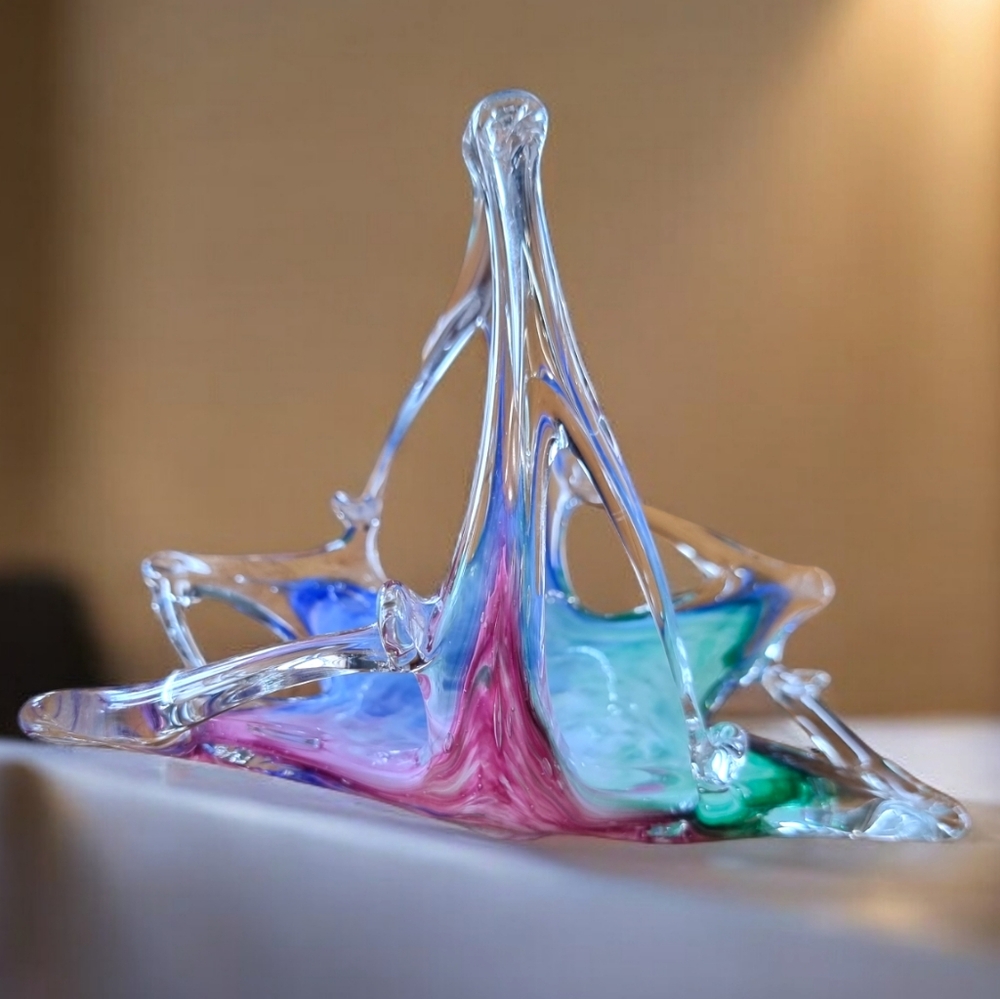 Vintage Murano Art Glass Basket Pink Blue Green Ruffled Hand Blown Italian Art